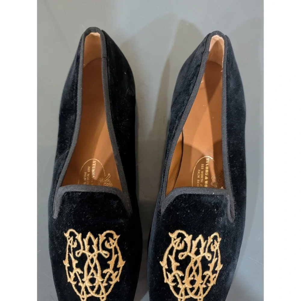 Stubbs & Wootton Black Velvet Embroidered Crest Smoking Flat Slippers 7.5 AA